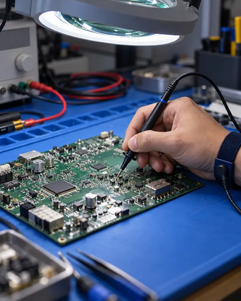 Engineer probing an instrument board on an ESD bench