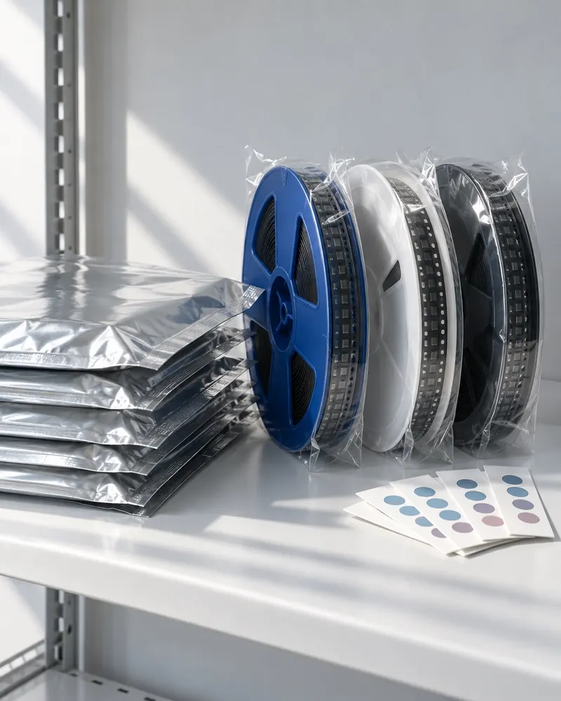 Moisture-barrier bags, carrier tape reels and humidity indicator cards on a shelf