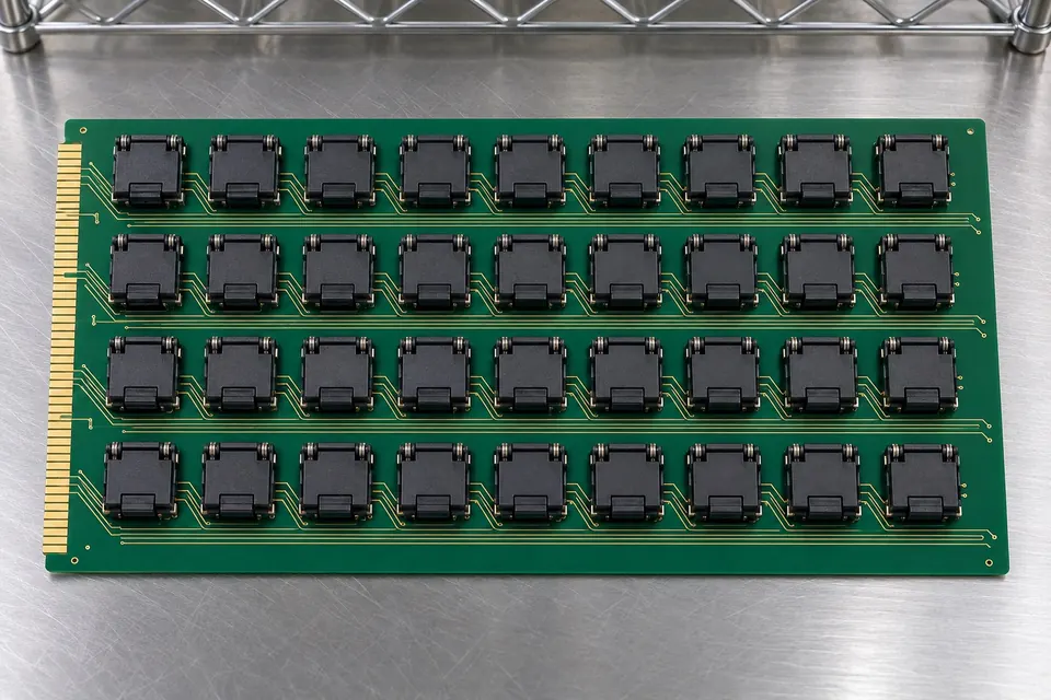 Burn-in board with a grid of clamshell test sockets