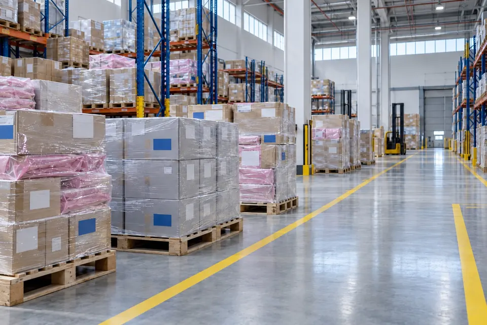 Wrapped pallets of cartons and anti-static bags in a bonded warehouse